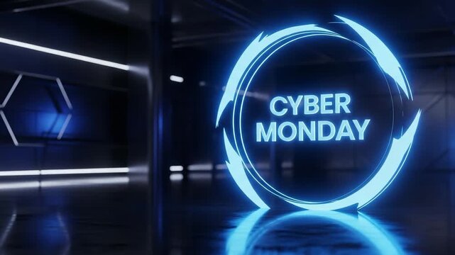 Cyber Monday deals are here for you with a modern and futuristic blue neon glow and reflection on a shiny dark floor - Powered by Adobe