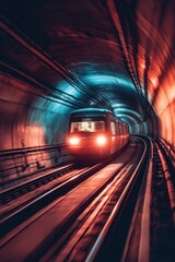Naklejka premium Fast train moves through glowing tunnel with vivid blue and red lights creating motion and speed scene