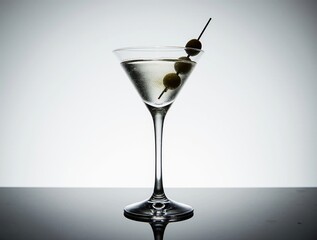 Classic martini cocktail with olives on a skewer