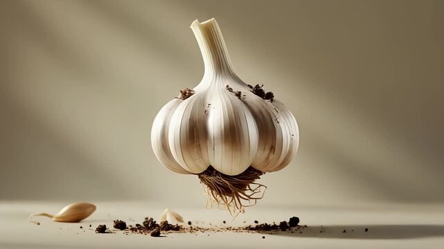 Organic garlic bulb with traces of soil gently hovering against a bright neutral backdrop