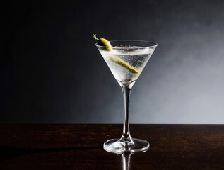 Elegant martini cocktail with green garnish on dark background