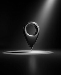 Localization Icon in Spotlight: A sleek, metallic location icon floats in a dramatic spotlight against a dark backdrop.