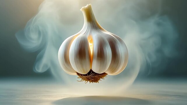 Macro closeup of a garlic bulb glowing from within as it floats in midair translucent layers catching cinematic backlight, detail of skin fibers, soft misty atmosphere, sharp textures