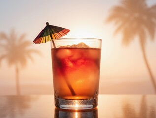 Tropical cocktail with umbrella at sunset with palm trees