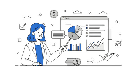 Professional woman confidently presenting financial growth charts and data analysis for strategic investment decisions, using a pointer for emphasis, ensuring success