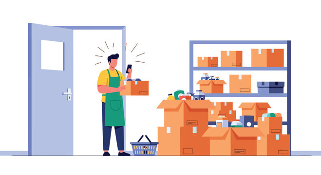 Busy warehouse worker efficiently manages inventory using mobile app amidst organized shelves and overflowing boxes, streamlining logistics operations
