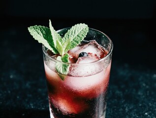Refreshing berry cocktail garnished with fresh mint leaves and ice