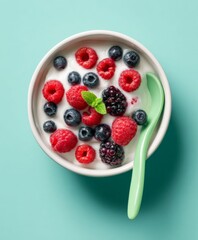 Berry Bowl Delight: A vibrant bowl brimming with a creamy, delectable mix of fresh raspberries, juicy blackberries, and plump blueberries, complemented by a sprig of mint and a cheerful, green spoon.