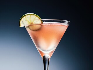 Refreshing pink cocktail garnished with lime and grape