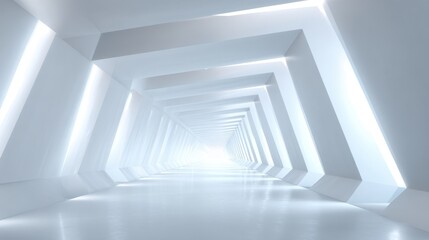 A long, white corridor features sharp angles and striking lighting. The bright ambiance and clean lines create a surreal, futuristic atmosphere perfect for an imaginative setting.