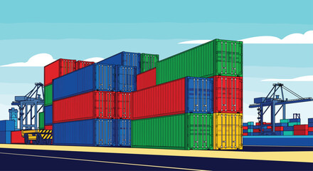 Fototapeta premium Vibrant stacked shipping containers at a busy port terminal with cranes loading a cargo ship, illustrating global logistics and trade