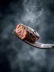 Succulent Steak on Fork: A perfectly seared, juicy steak, impaled on a fork, releasing wisps of fragrant steam against a dark, dramatic background.