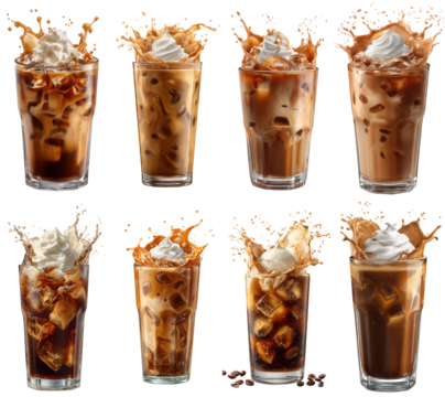 Refreshing iced coffee drinks splashing dynamically, a vibrant collection of cool beverages perfect for summer thirst-quenching moments and energizing breaks