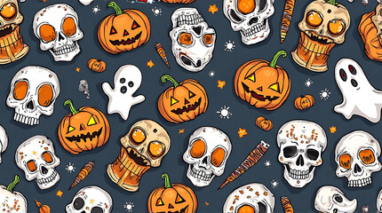 Festive halloween pattern background with carved pumpkins, skulls and spooky ghosts