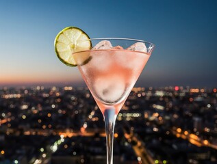 Refreshing pink cocktail with lime garnish over cityscape at dusk