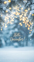 Snow-covered pine branches with golden Christmas lights and Hello December lettering in blue and yellow, ideal for winter holiday greeting cards and seasonal promotions