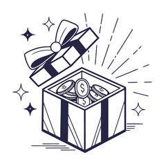 Illustration of an Open Gift Box with Coins and a Decorative Bow, Symbolizing Rewards and Presents