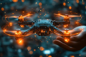 Naklejka premium Hands presenting a futuristic illuminated drone with holographic elements