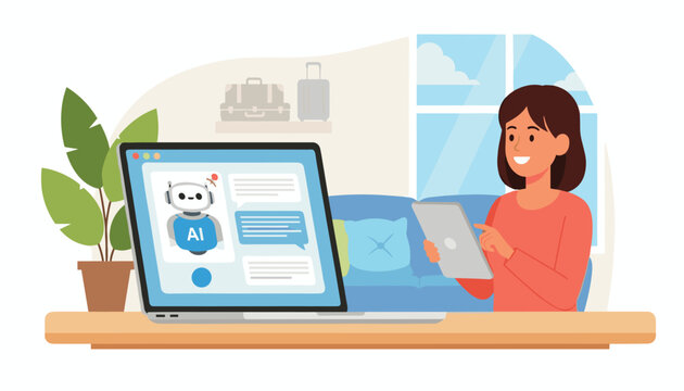 Engaging with AI chatbot on laptop, woman uses tablet in bright, modern home office setting with travel suitcases visible