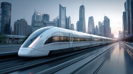 A sleek high speed train moves swiftly along tracks amid a futuristic cityscape at sunset.