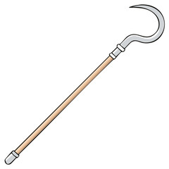 Shepherd's crook illustration,  rural farming tools, walking cane, traditional farm hand equipment