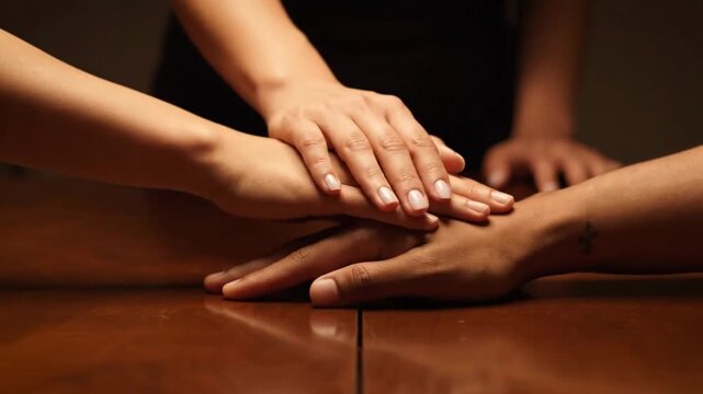 A diverse group of people show unity and support by stacking their hands together.