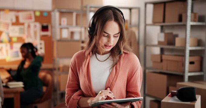 Shipping, tablet and headset with woman in warehouse for delivery confirmation, courier schedule and cargo. Ecommerce contact, distribution and communication with person in factory for discussion