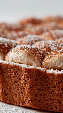 Soft baked dessert with toasted marshmallow and sugar sprinkles, close up of creamy sweet dessert with crumbly crust and cocoa, 4k video