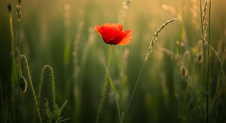 Obraz premium Vibrant red poppy in sunlight amidst green grass and natural foliage