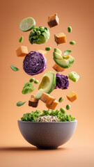 Colorful Floating Vegetables And Toppings Over Rice Bowl
