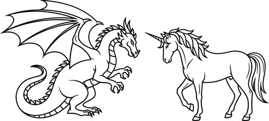 Dragon unicorn mythical creature fantasy fairytale legend magic drawing art
