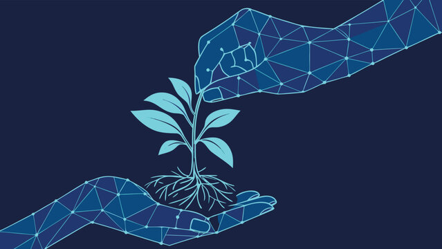 Plant growth digital hands concept innovation technology development future vector Abstract