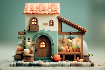 Cute Whimsical Miniature House With Autumn Pumpkins And Soft Colors
