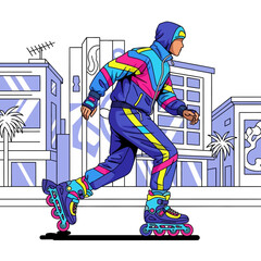 Obraz premium Stylish person rollerblading in vibrant retro outfit in city.