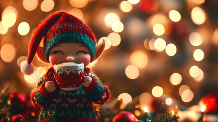Cute elf Santa hat sipping hot cocoa from miniature cup with blurred festive lights, funny holiday stock meme, cozy playful scene, copy space