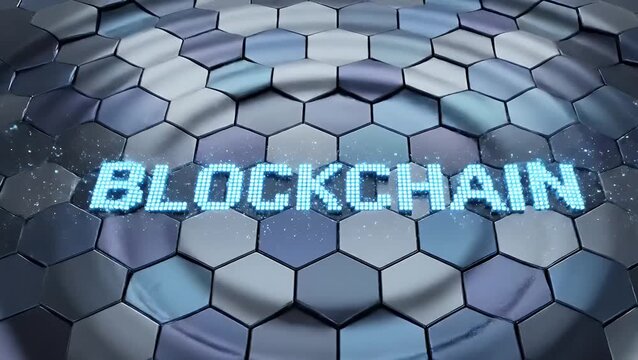 Glowing blue digital text of the word Blockchain over a futuristic and wavy hexagonal pattern background