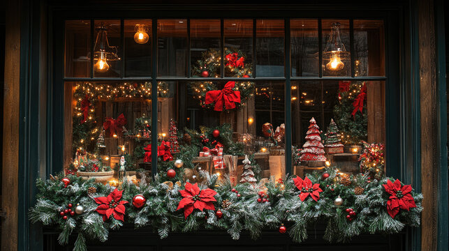 Christmas window display showcasing a festive holiday scene with miniature houses, snow-covered fir trees, Santa Claus figures, nutcrackers, and numerous wrapped gifts under falling snowflakes