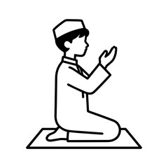 Muslim Boy Praying on Mat Line Art Illustration