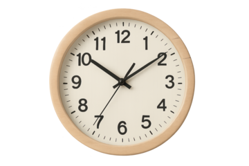 Analog wall clock with light wooden frame, white dial, and bold black numerals hands