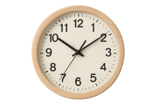 Analog wall clock with light wooden frame, white dial, and bold black numerals hands