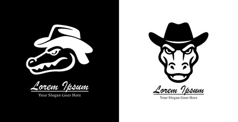 Logo design of a crocodile head wearing a cowboy hat with side and front views