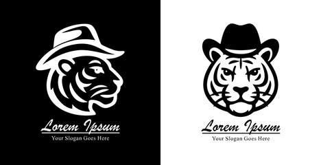 Tiger head logo design wearing a cowboy hat with side and front views