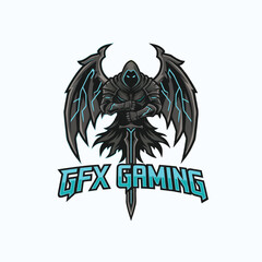 Dark Warrior Gaming Logo Mascot Emblem with Sword and Wings Vector