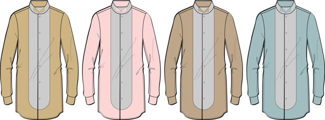 Men's fashion design technical flat sketch template of a long sleeve shirt collection in four colorways. Modern tunic or kurta apparel illustration for manufacturing