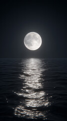 Full Moon Reflected Over Ocean Horizon At Night
