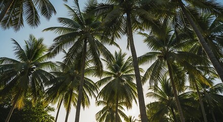 Fototapeta premium Low Angle View of Coconut Palms Swaying in the Summer Breeze