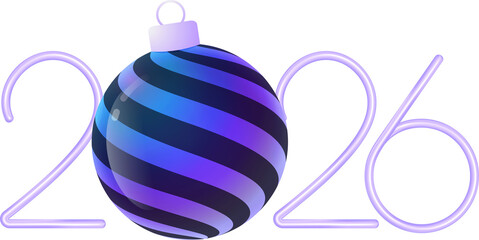 2026 new year ball. 3d render neon xmas or new year bauble ball