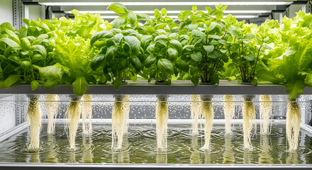 Lush green hydroponic plants thriving under LED lights in a modern indoor farm, ideal for fresh culinary ingredients