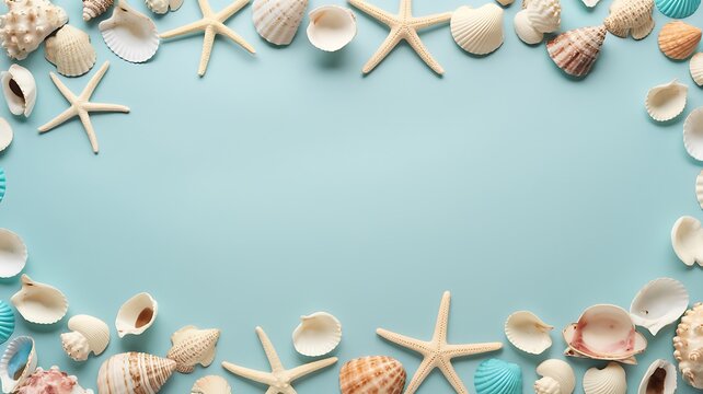 Frame of seashells and starfish on a blue background ...
- Powered by Adobe