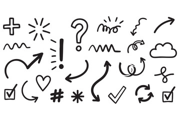 Obraz premium Vector art of collection of handdrawn doodle icons and symbols, including arrows, checkmarks, hearts, question marks, exclamation points, and clouds